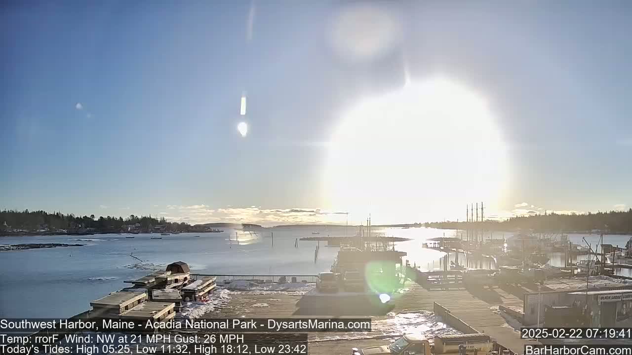 A harbor with docked boats is seen on a sunny day with a northwest wind.