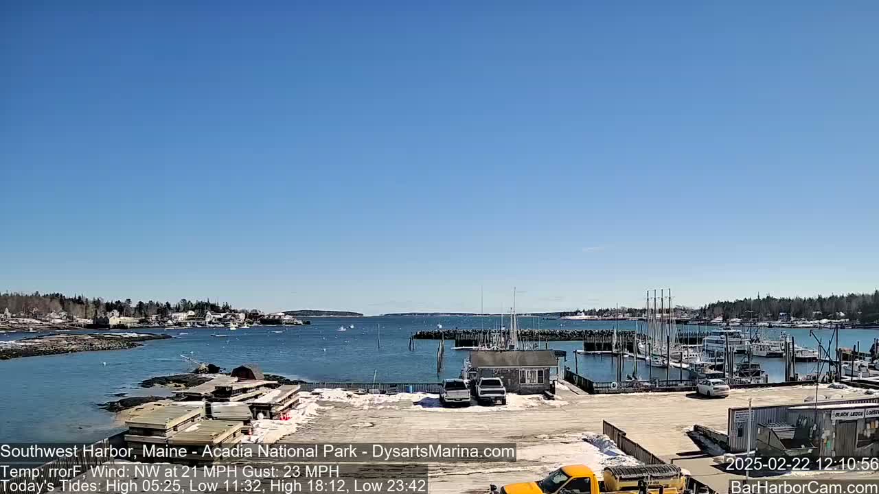 A harbor with boats docked, under a clear blue sky, with some snow visible on the ground.