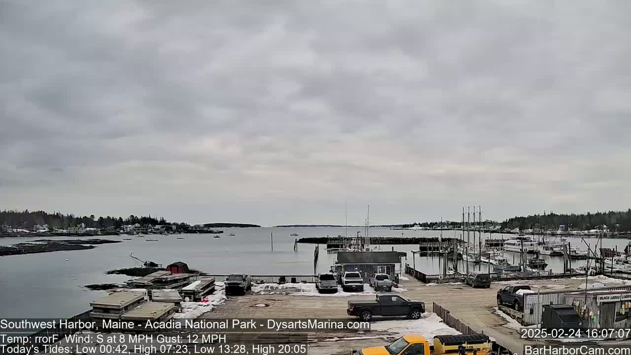 A harbor filled with boats under a cloudy sky, with several vehicles parked in a lot near the water.