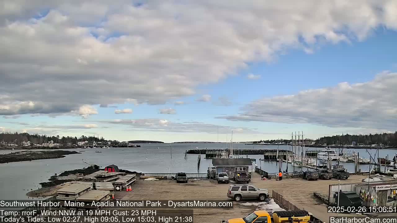 A harbor with docked boats is visible under a partly cloudy sky, with a moderate wind.