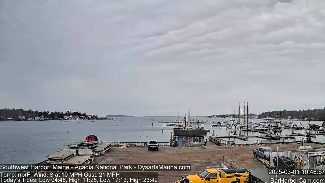 A harbor filled with boats under a cloudy sky with a south wind.