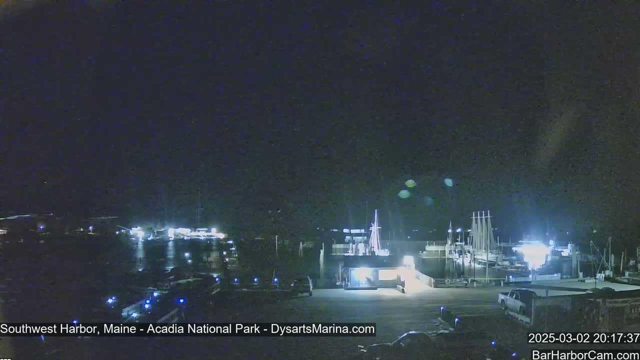 A nighttime, outdoor view of a harbor with boats docked, and a few vehicles in a parking lot under a dark sky.