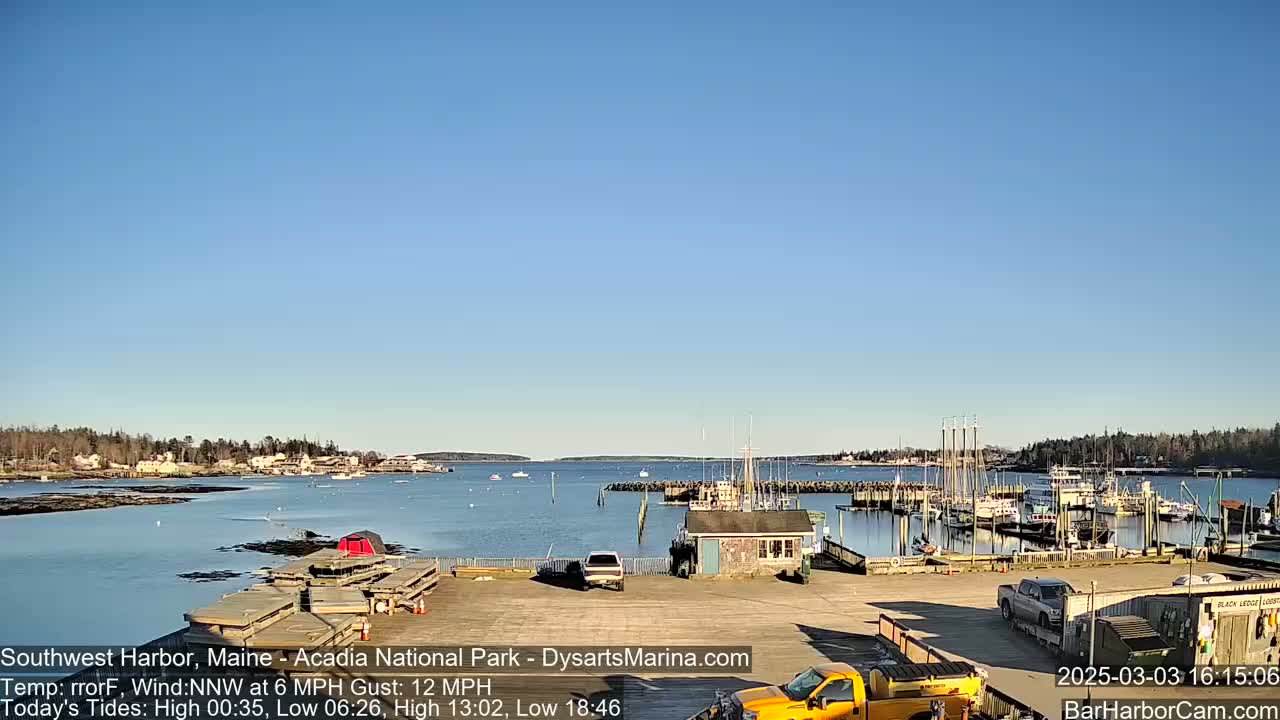 A harbor with numerous boats docked, under a clear blue sky and light wind.