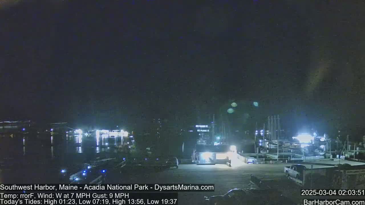 A nighttime view of a marina with boats docked, under a dark, clear sky with a 7 mph wind and gusts up to 9 mph.