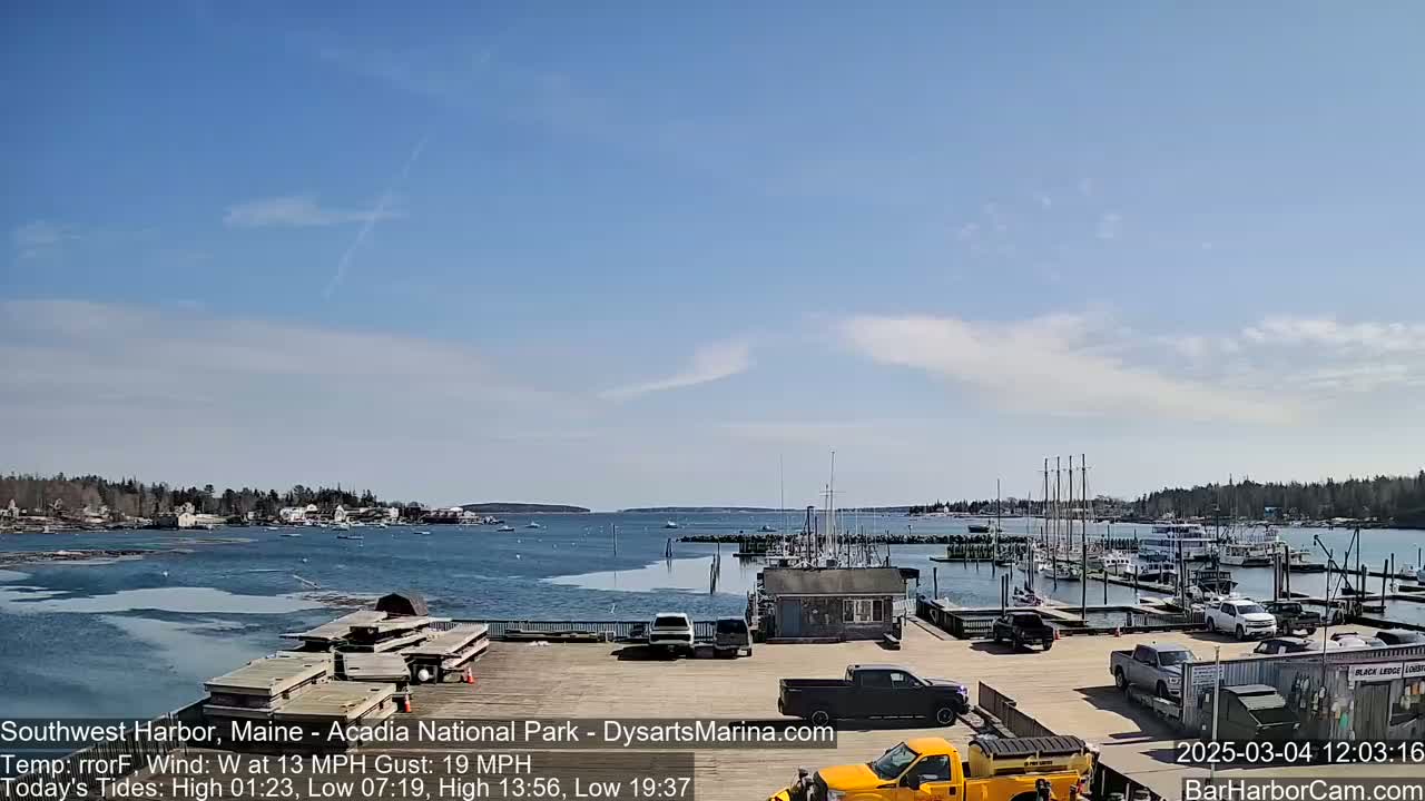 A harbor filled with docked boats under a mostly sunny sky with a light wind.