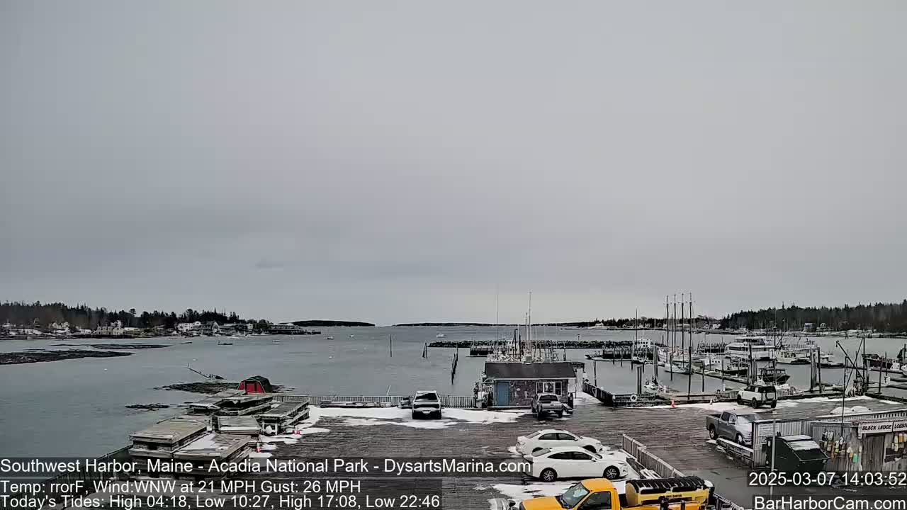 A harbor with boats docked, cars in a parking lot, and snow on the ground under an overcast sky.