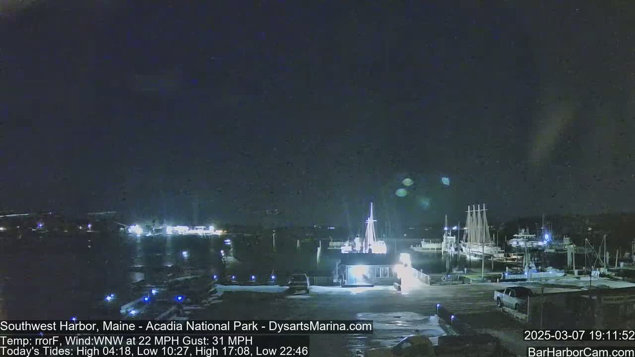 A nighttime view of a harbor with boats docked, under a dark sky with some scattered lights on the land.