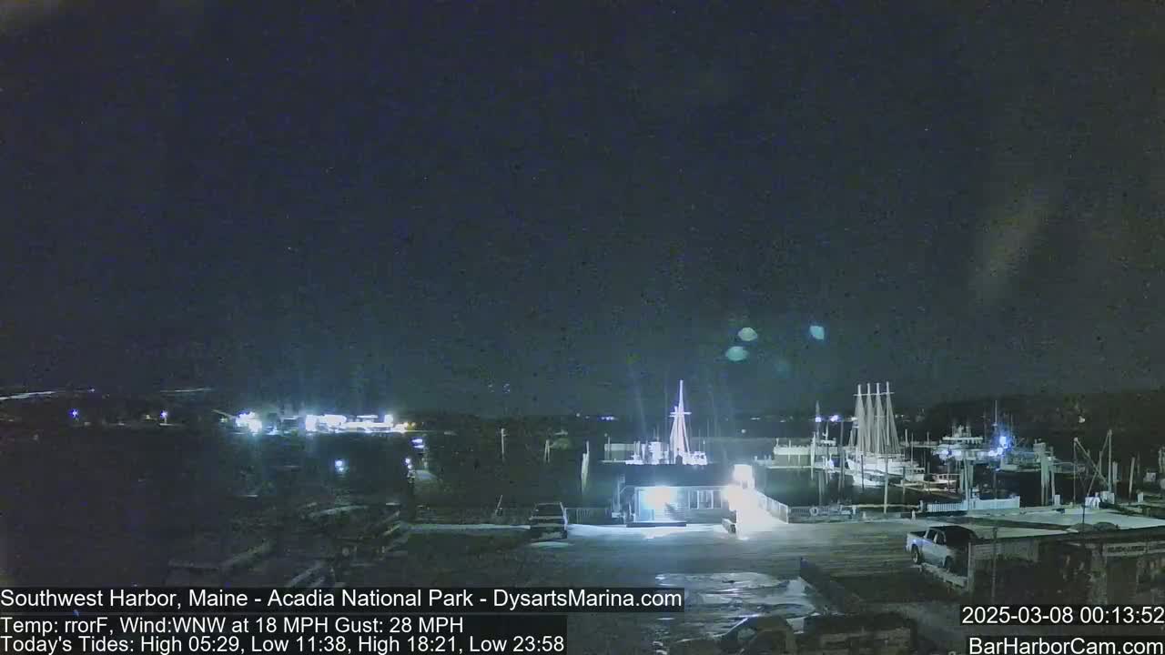 A nighttime view of a harbor with boats docked, under a dark, clear sky with a strong wind.
