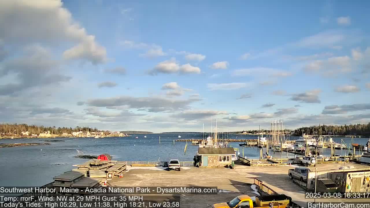 A harbor with numerous boats docked, under a partly cloudy sky with a northwest wind.