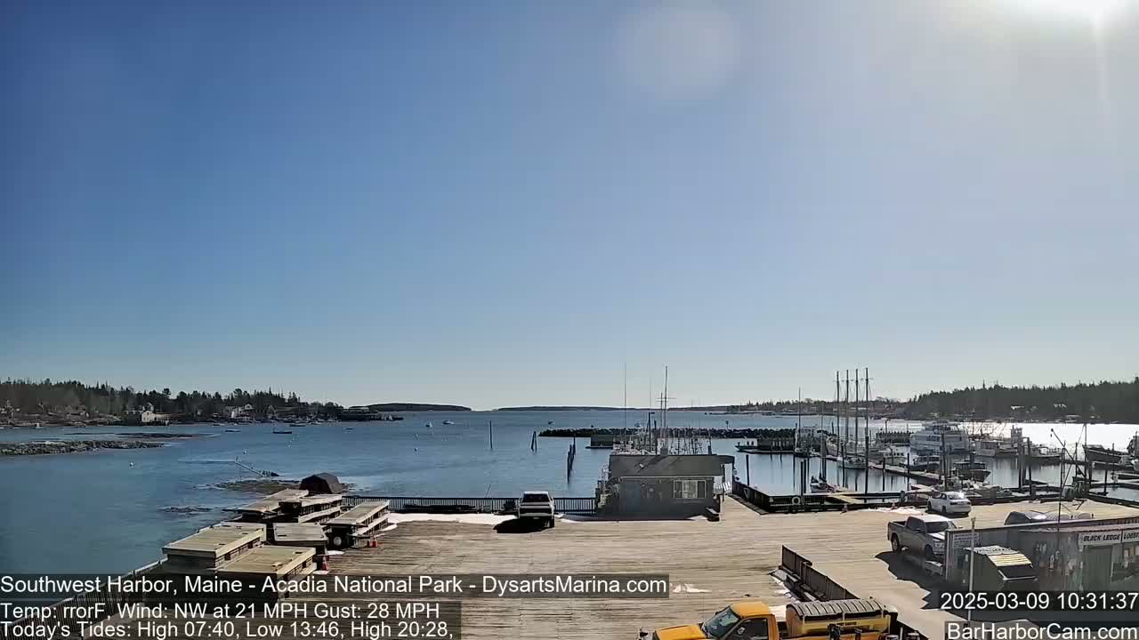 A harbor with a marina filled with boats under a clear blue sky and light wind.
