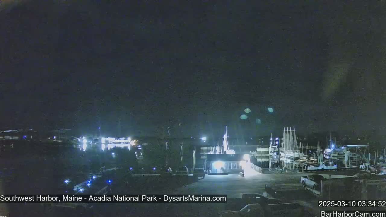 A nighttime view of a harbor with boats docked, under a dark, clear sky.
