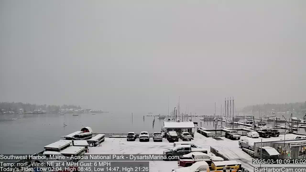 A snow-covered marina and harbor are visible under an overcast sky.