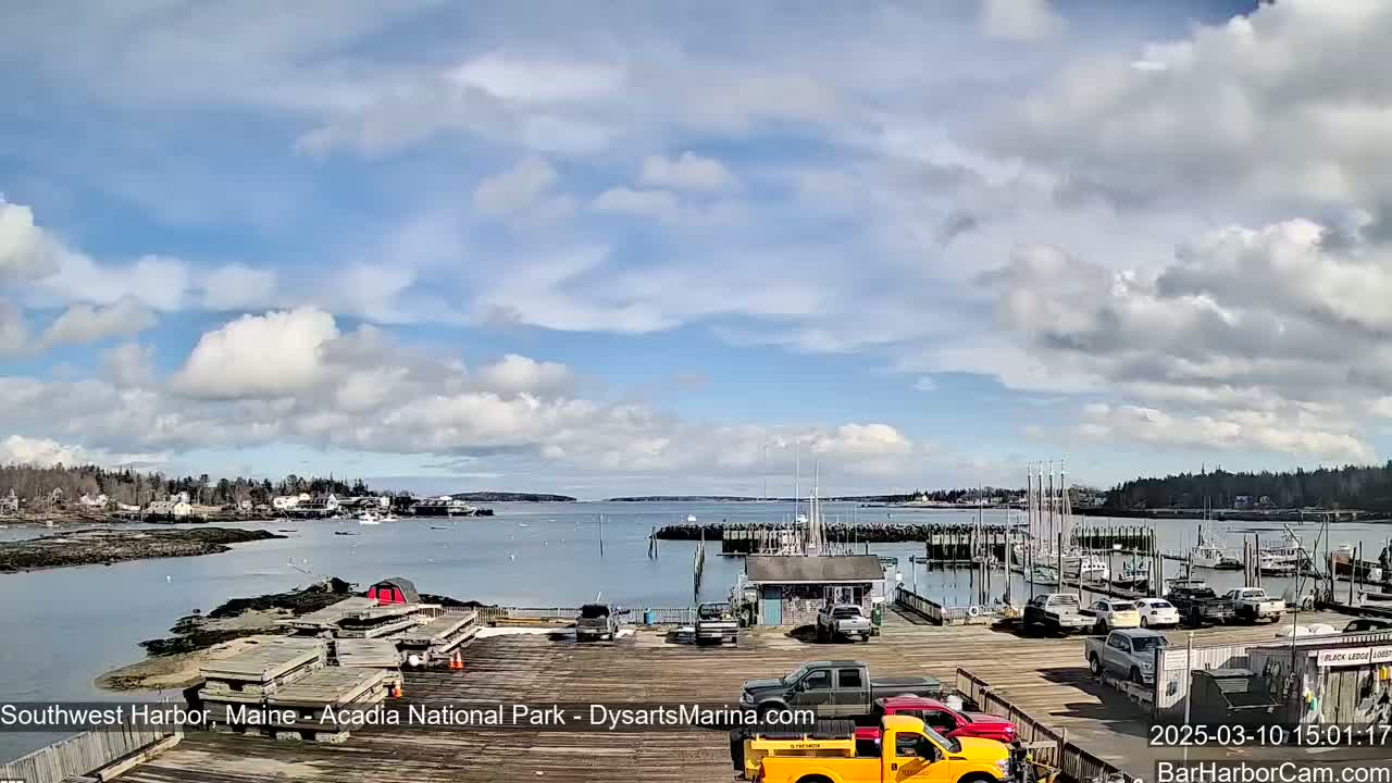 A partly sunny day overlooks a harbor filled with boats and docked ships, with a town visible in the distance.