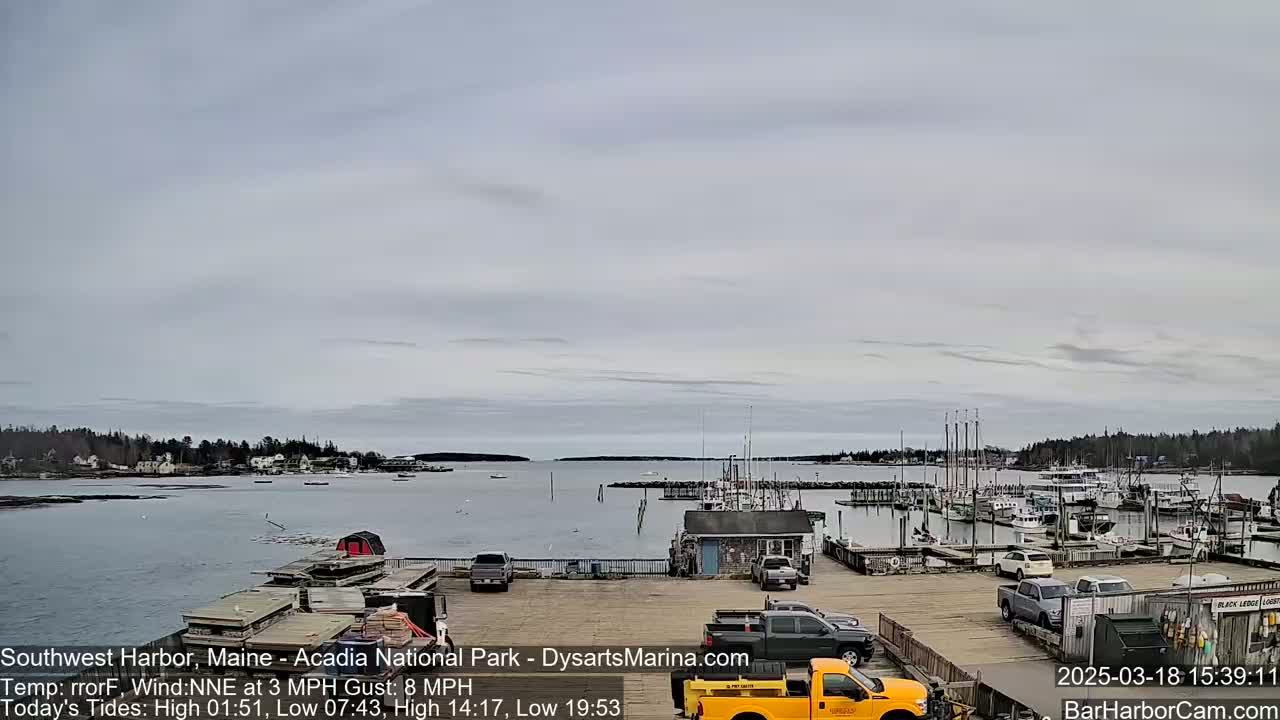 A harbor filled with boats under a mostly cloudy sky, with a light wind.