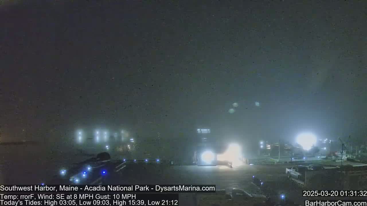 A foggy night scene shows a harbor with lights visible through the mist, and some vehicles parked in a lot.