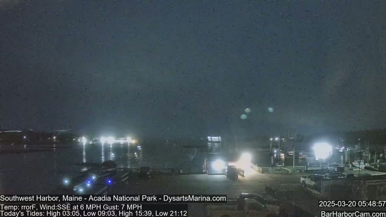 A nighttime view of a harbor with calm water, a few lights illuminating the docks and surrounding area under a dark, overcast sky.