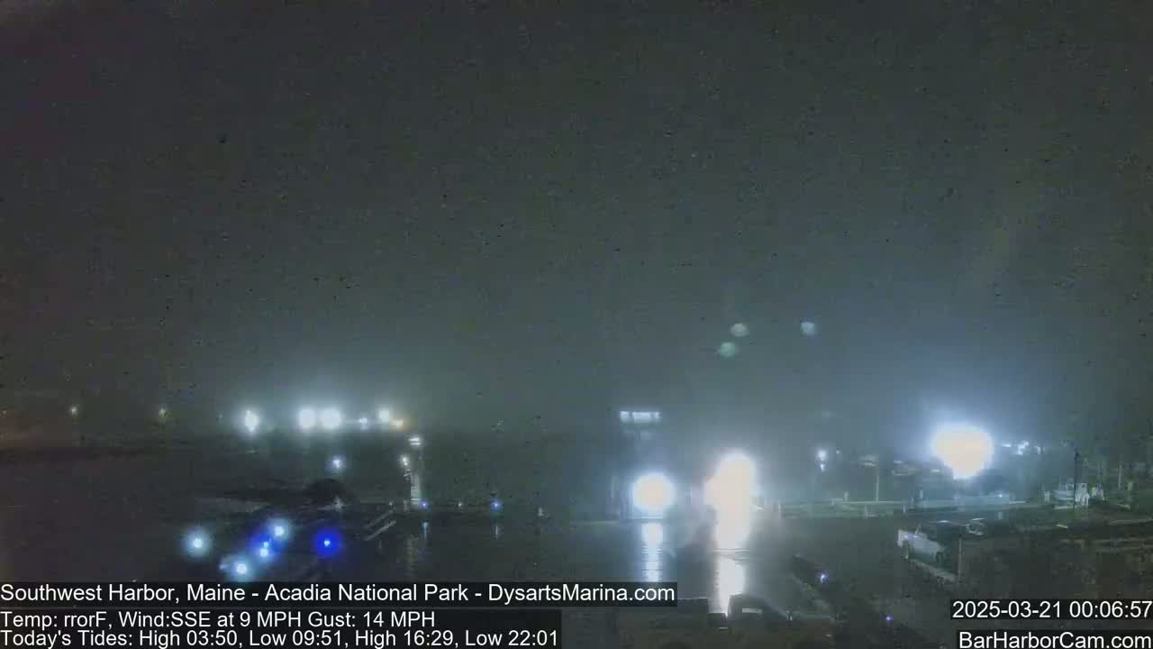 A foggy nighttime harbor scene shows faintly lit buildings and boats along the water's edge.
