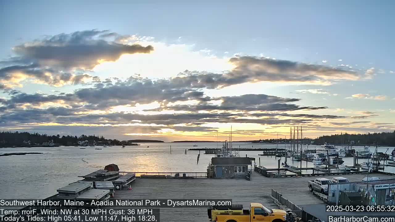 A harbor with numerous boats and a few cars is shown at sunset under a partly cloudy sky with a northwest wind of 30 mph and gusts up to 36 mph.