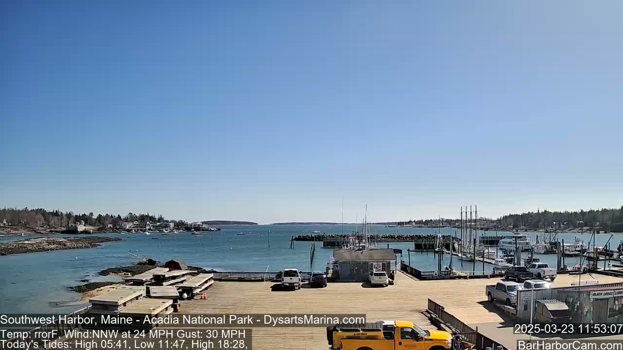 A harbor with numerous boats docked under a clear blue sky, a light wind blowing.