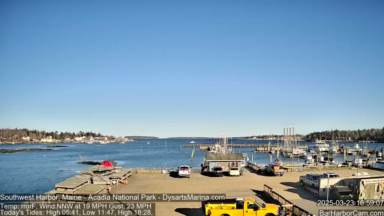 A harbor filled with boats is viewed from a parking lot on a sunny day with a northwest wind.