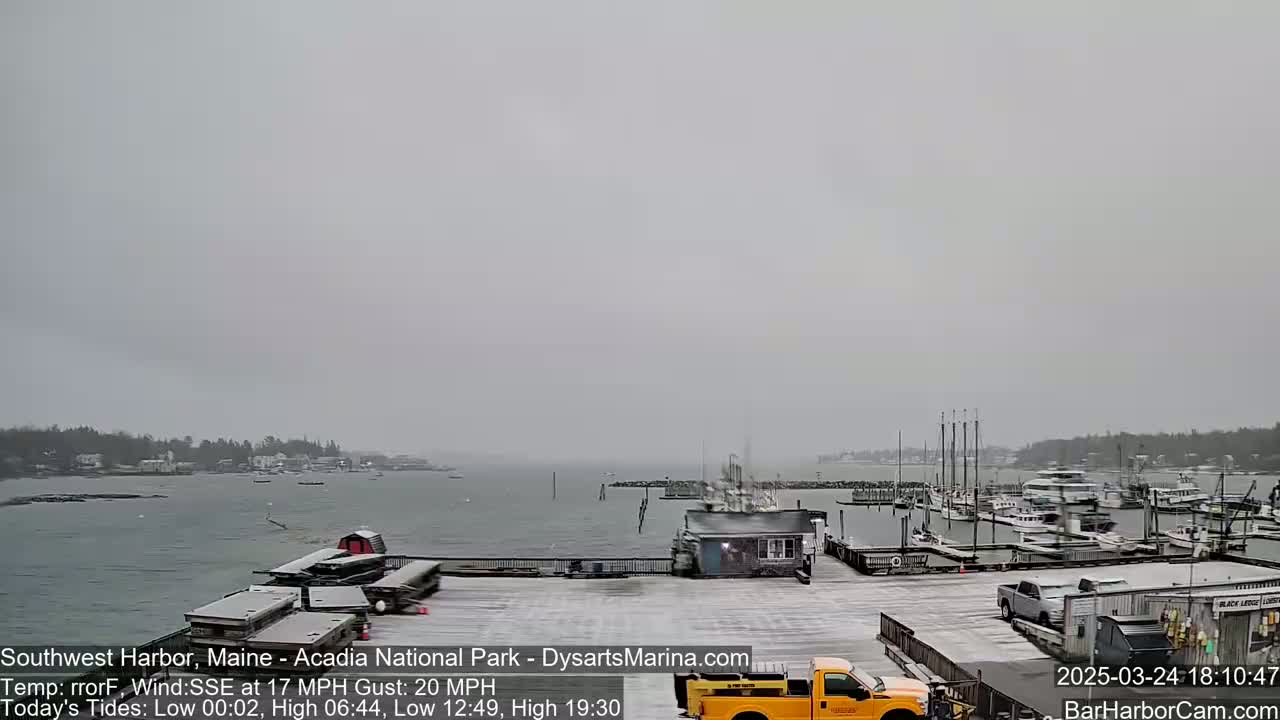 A snow-covered marina with boats docked and a few vehicles is shown under an overcast sky.