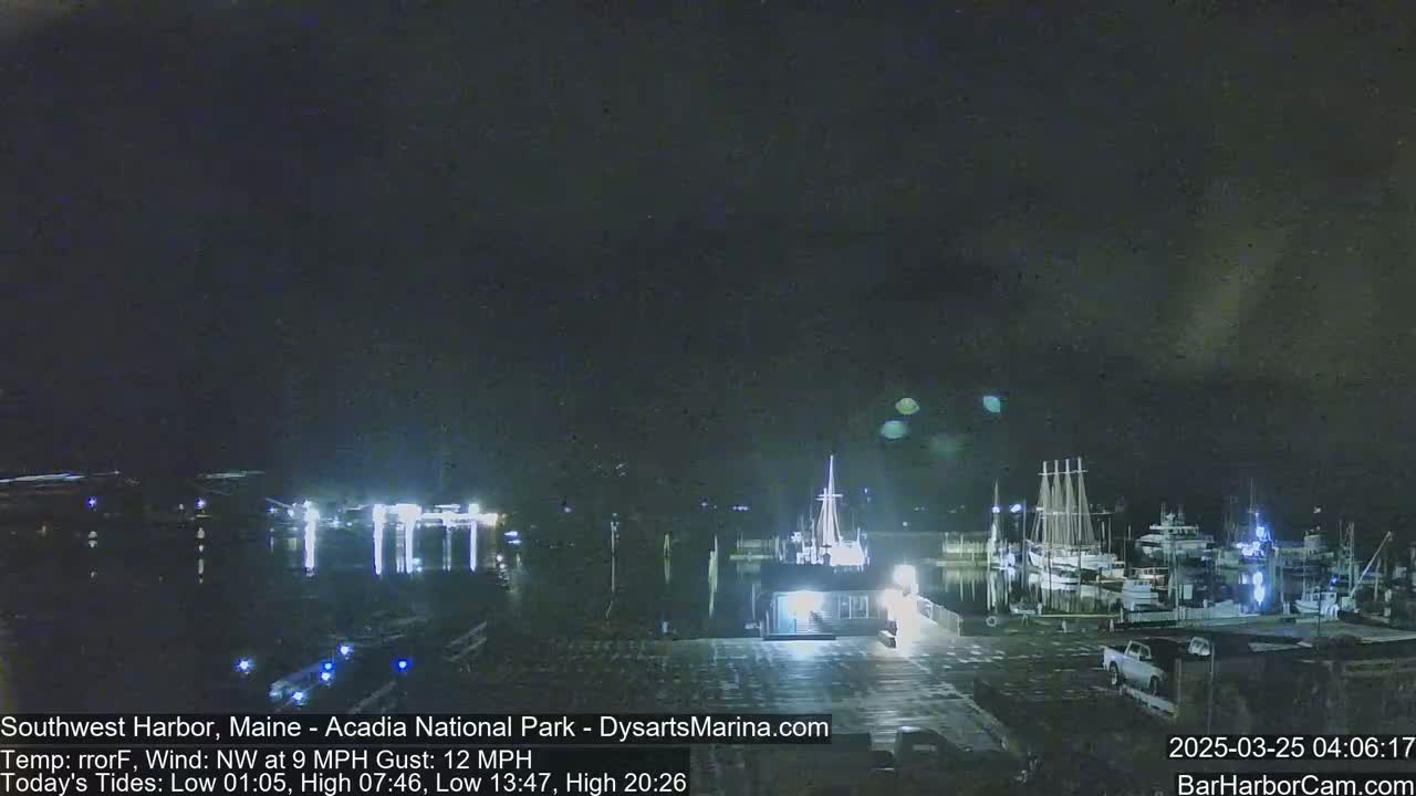 A nighttime view of a harbor with several boats docked, under a dark, mostly clear sky with a few faint lights visible.