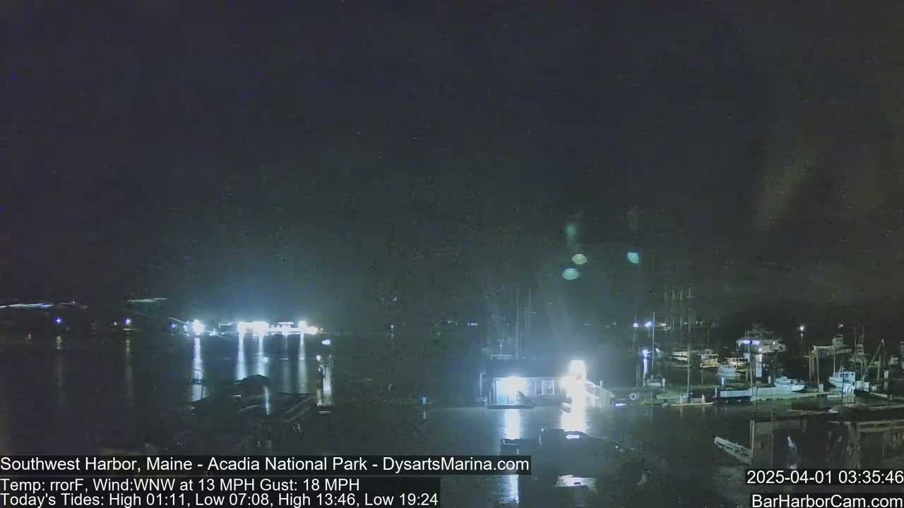 A nighttime harbor scene with numerous boats and a building illuminated, under a dark sky with a WNW wind at 13 mph and gusts up to 18 mph.