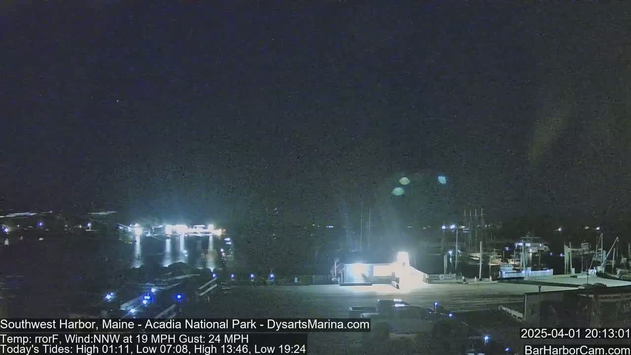 A nighttime view of a harbor with boats docked, under a dark, clear sky with a north-northwest wind at 19 mph and gusts up to 24 mph.
