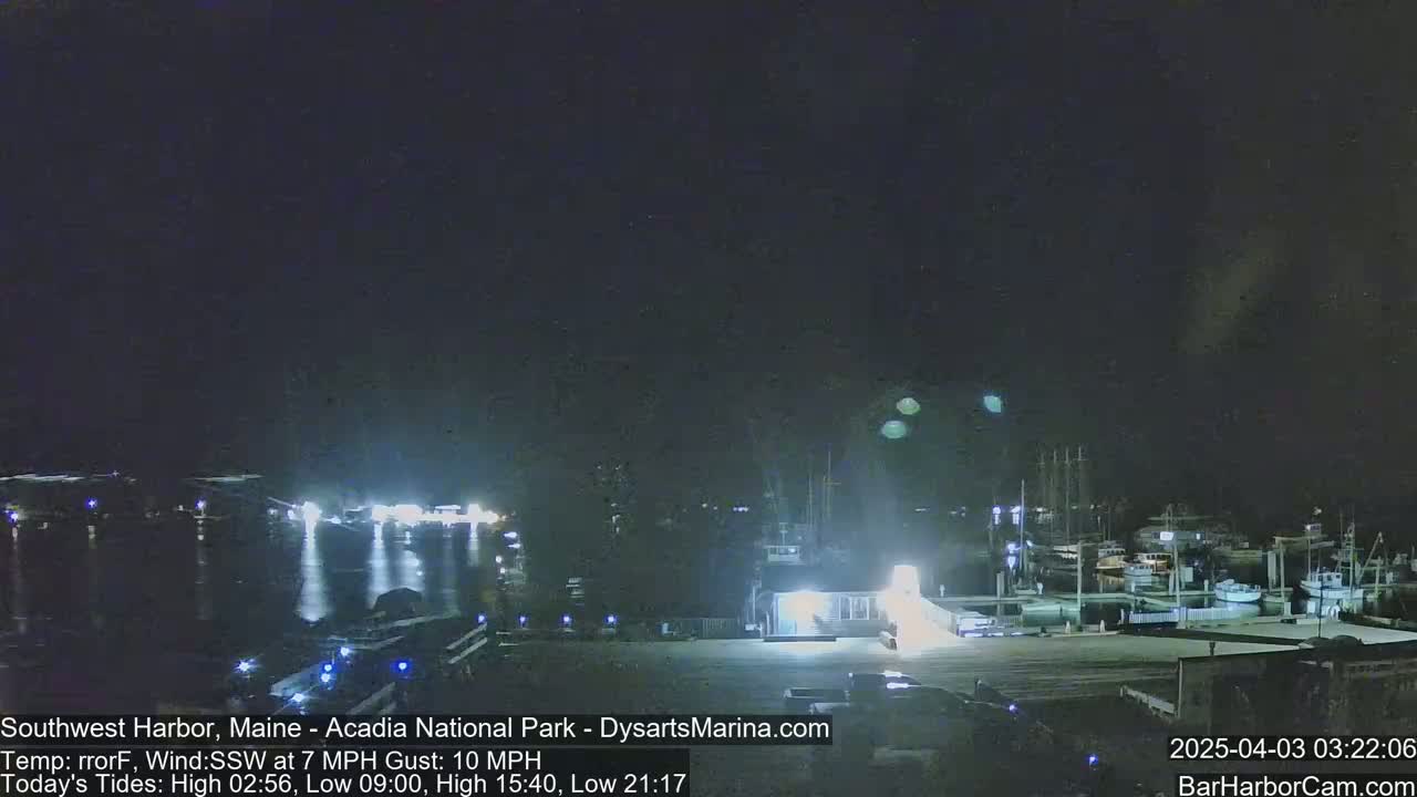 A nighttime harbor scene with boats docked and lights illuminating the area under a dark sky.