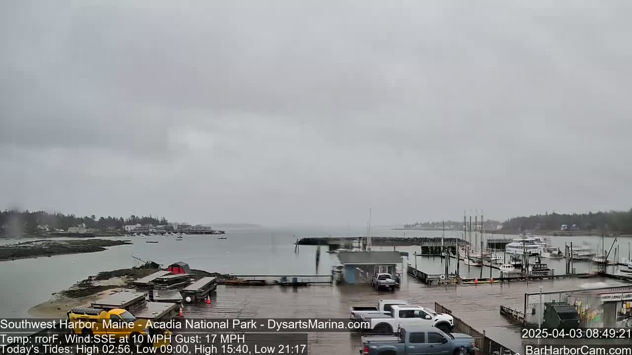 A harbor with boats docked at a marina on an overcast day with a wind blowing from the southeast.