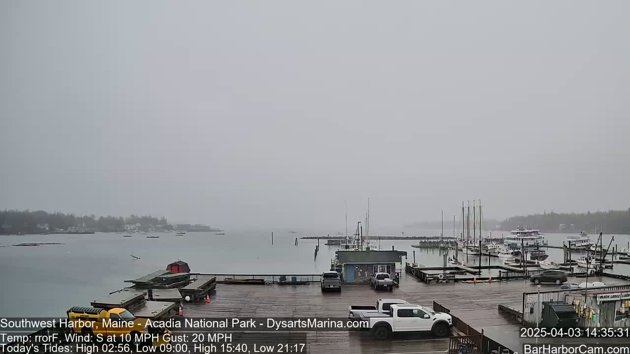 A harbor with boats docked at a pier on an overcast day with a light south wind.