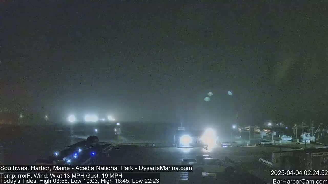 A nighttime view of a marina shrouded in fog and illuminated by artificial lights, with a moderate west wind.