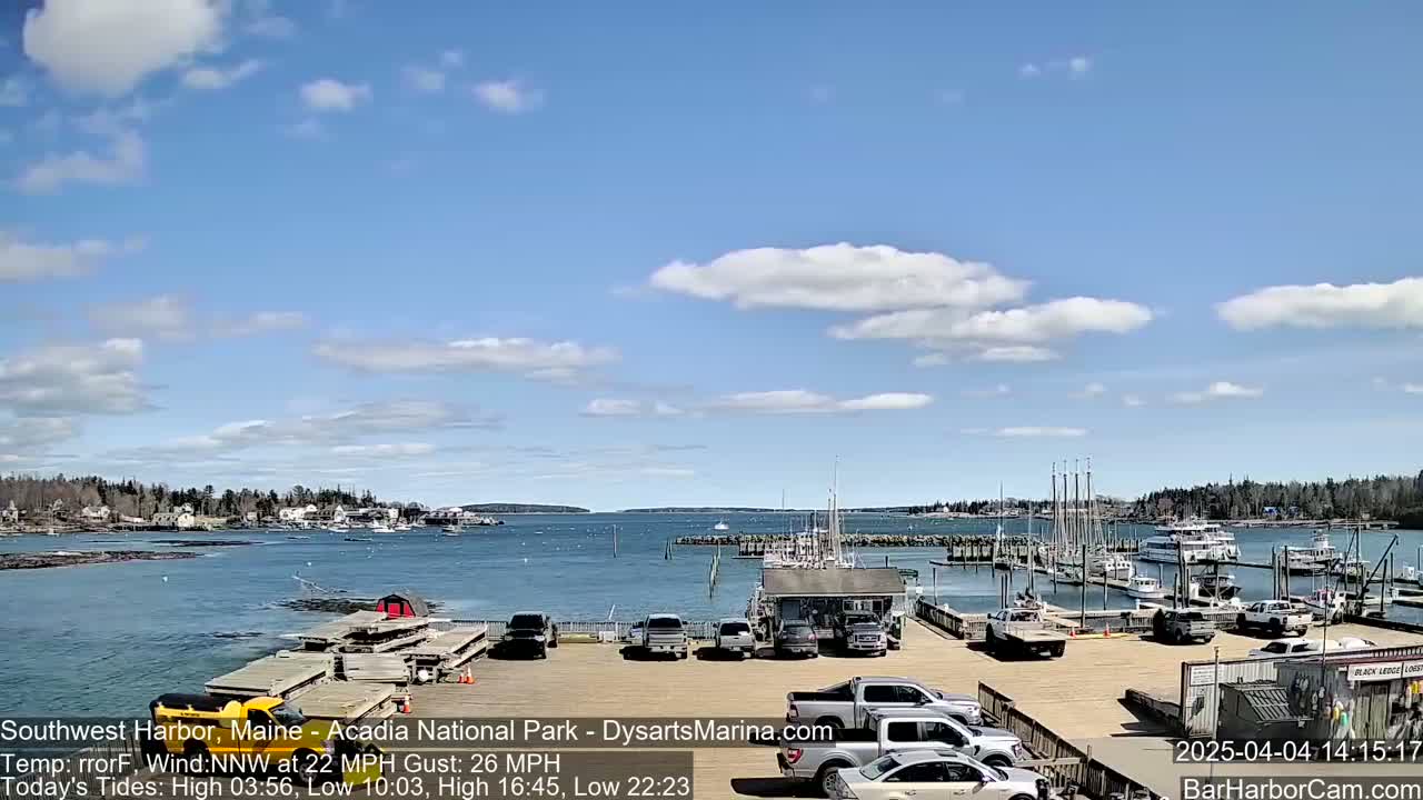 A harbor filled with boats on a partly cloudy day with a northwest wind blowing at 22 mph and gusting to 26 mph.