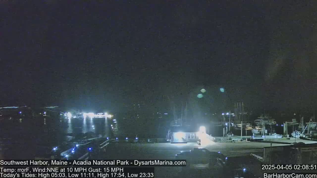 A nighttime view of a harbor filled with boats under a dark sky with a few faint lights visible.