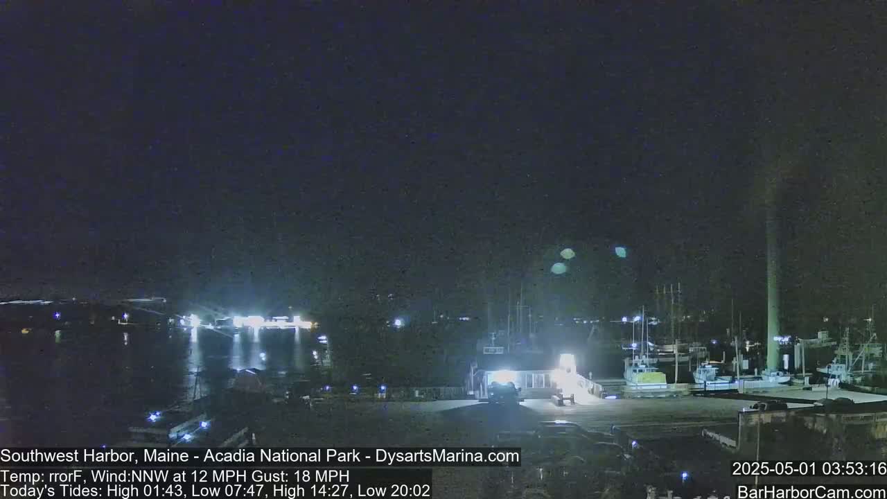 A nighttime harbor scene with numerous boats docked, lit by artificial lights under a dark, clear sky, with a northwest wind.
