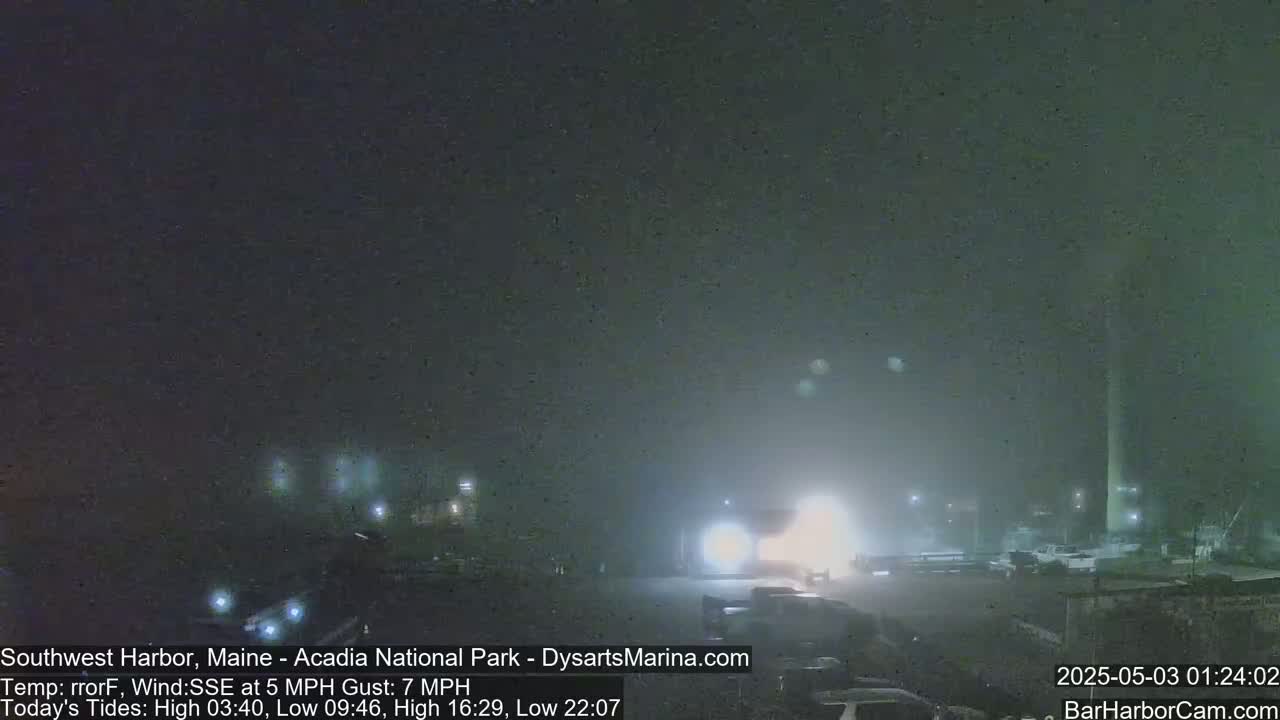 A foggy night scene shows a parking lot with several vehicles, and some lights in the distance.