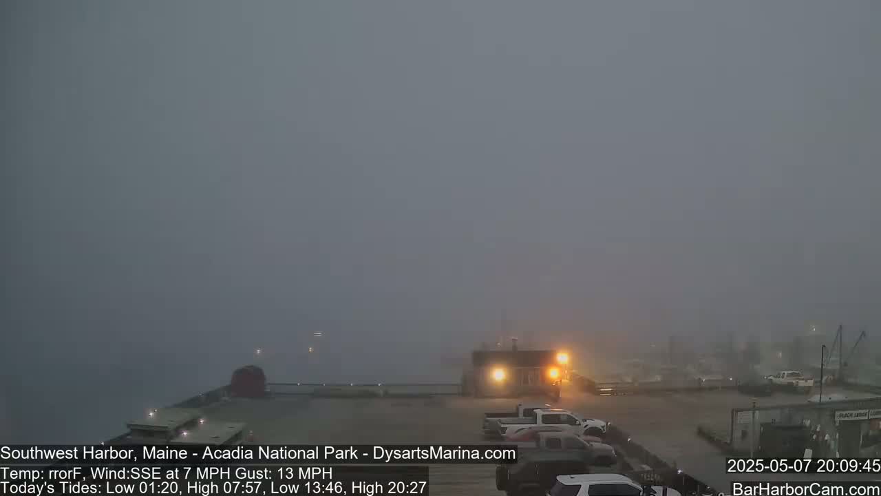 A foggy harbor scene shows several vehicles parked near a building with illuminated windows.