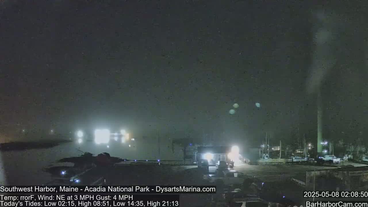 A nighttime, foggy view of a harbor with buildings and boats under a dark sky.