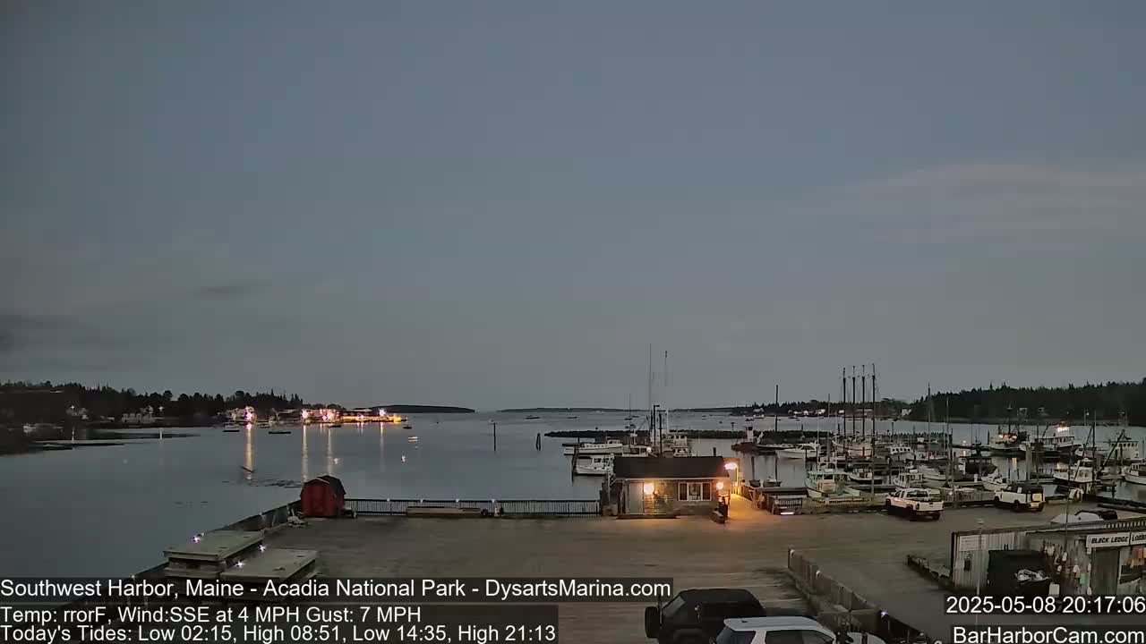 A harbor filled with numerous boats at dusk under a mostly clear sky.