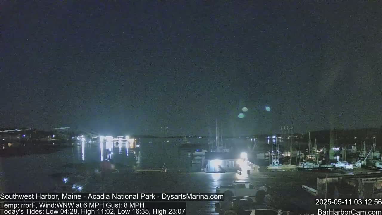 A nighttime view of a harbor with boats and a building, under a dark, clear sky with a slight wind.