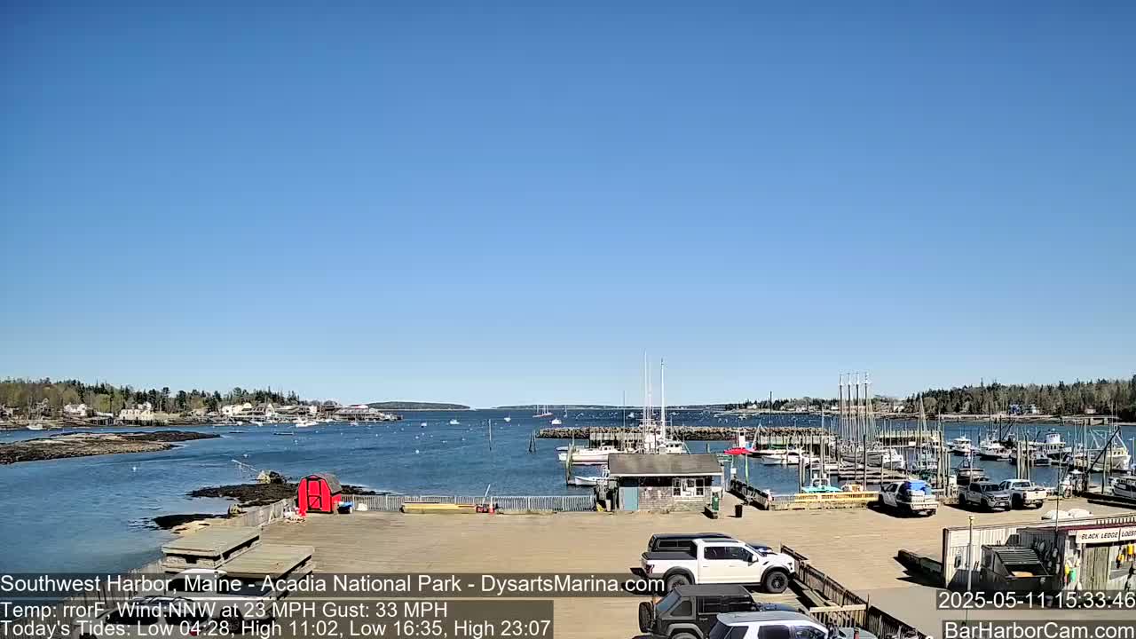 A harbor filled with boats under a clear blue sky, with a moderate to strong northwest wind.