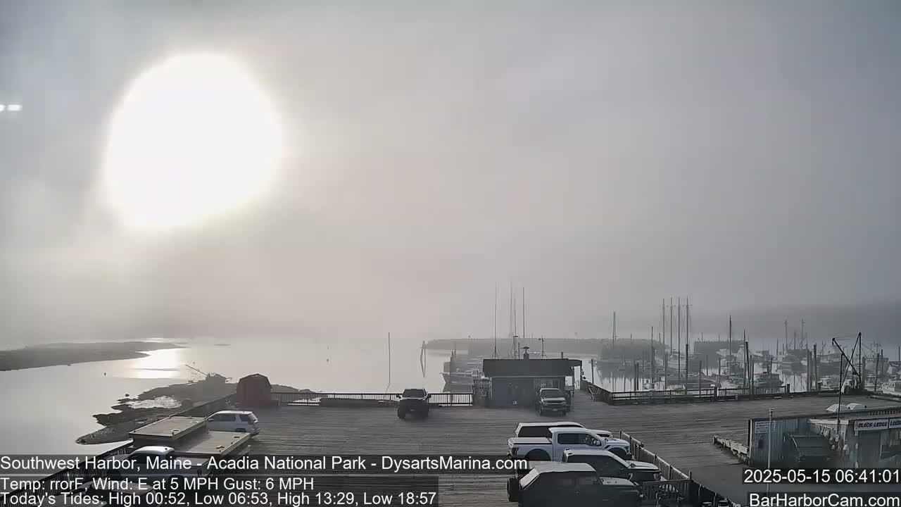 A foggy sunrise illuminates a harbor filled with boats and cars parked in a lot overlooking the water.