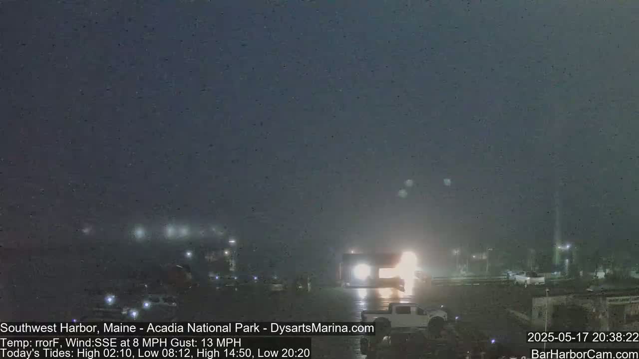 A nighttime scene shows a foggy harbor with several vehicles parked, illuminated by lights, under a dark, cloudy sky.