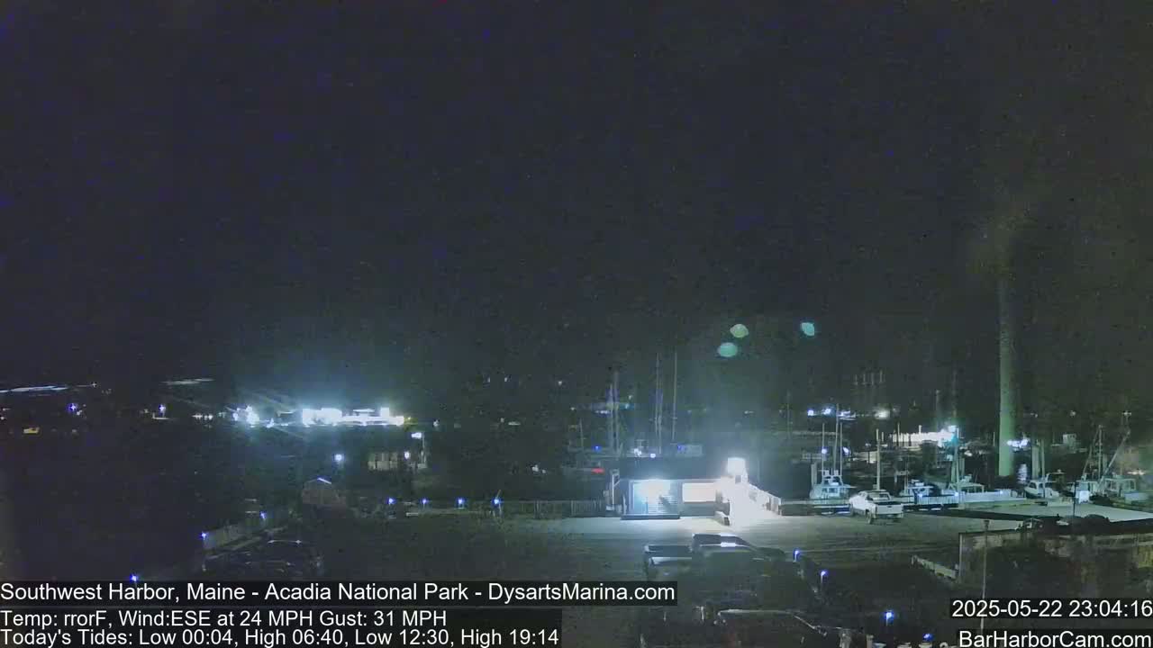 A nighttime view of a harbor with boats docked, under a dark, clear sky with a wind of 24 mph and gusts up to 31 mph.