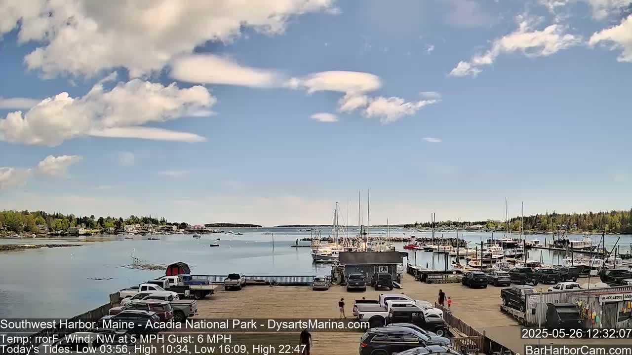 A harbor filled with boats under a partly cloudy sky.