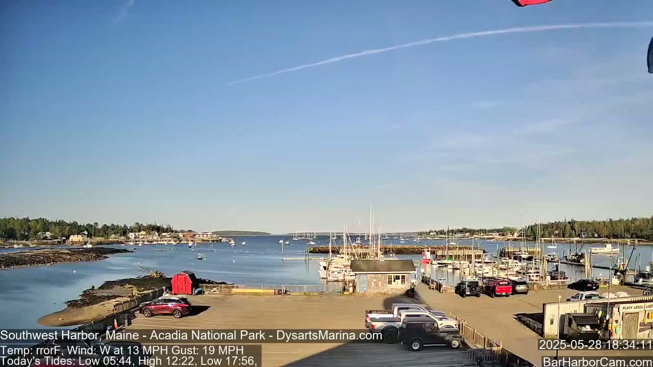 A harbor filled with boats on a sunny day with a 13 mph wind and 19 mph gusts.
