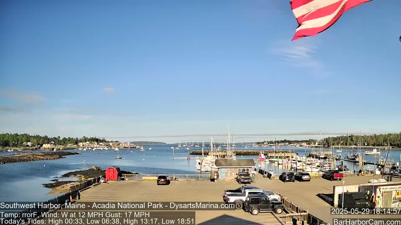 A harbor filled with boats on a sunny day with a 12 mph wind and gusts up to 17 mph.