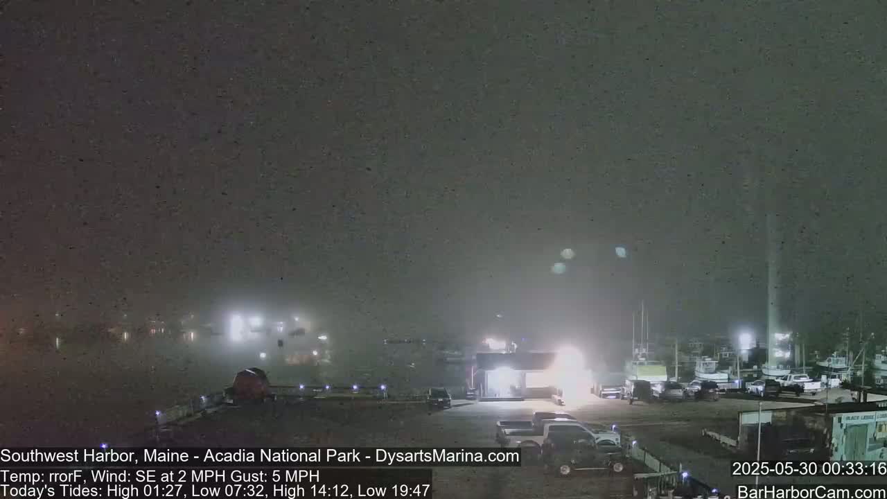 A foggy night scene shows a harbor with several boats and vehicles parked nearby under dim lights.