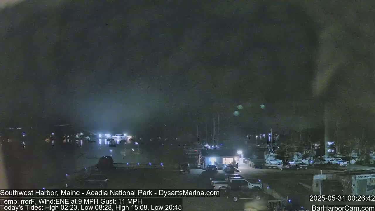 A nighttime view of a harbor with boats docked, cars in a parking lot, and a dark, cloudy sky.