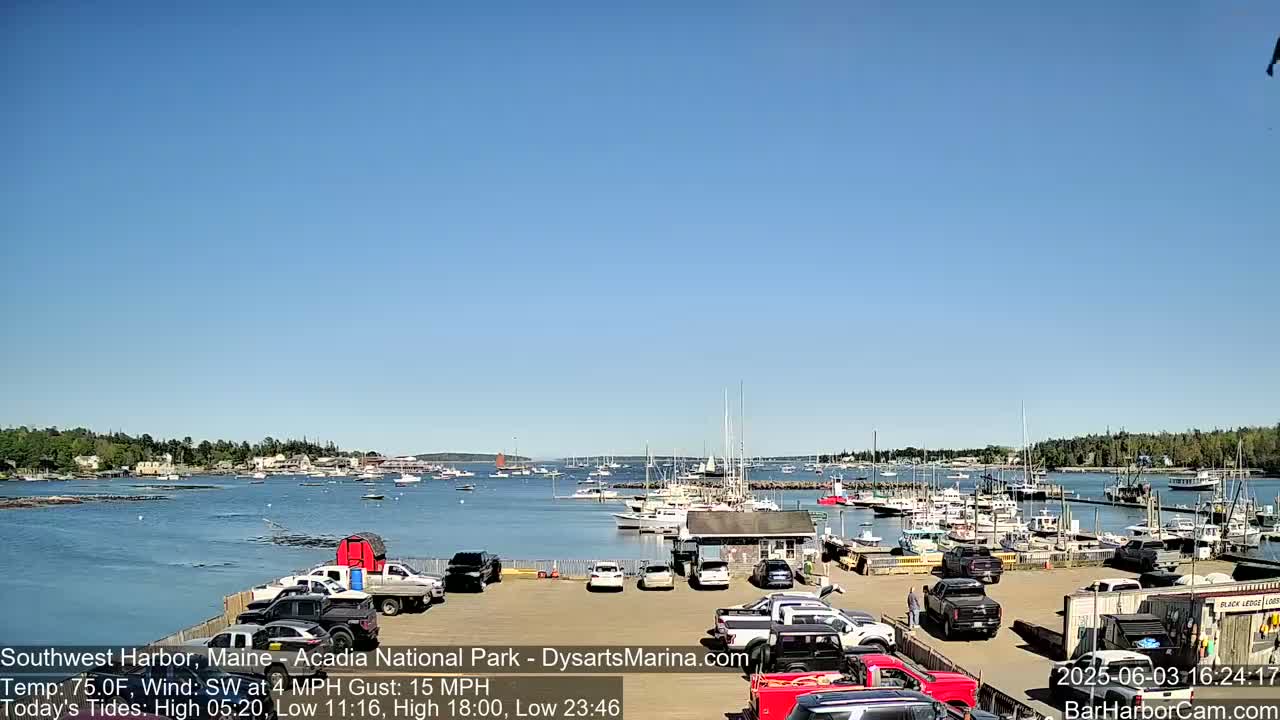 A harbor filled with boats and cars parked in a lot under a clear blue sky.